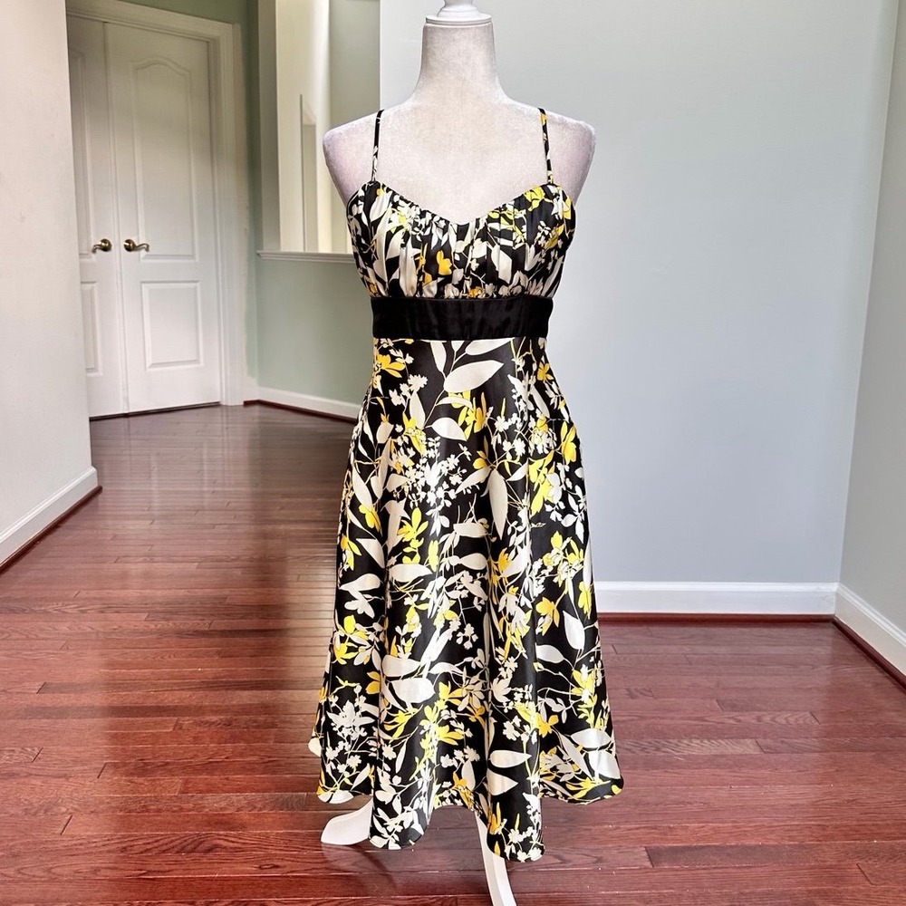 Evan Picone Black Yellow Floral Midi Spaghetti Straps Cocktail Dress Size 10